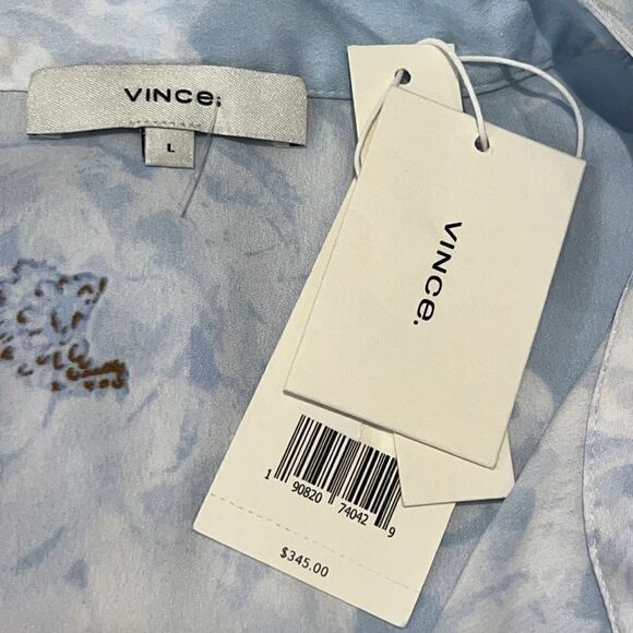 NWT Vince Painted Magnolia Band Collar Blouse -POWDER BLUE Satin Large - Picture 11 of 13